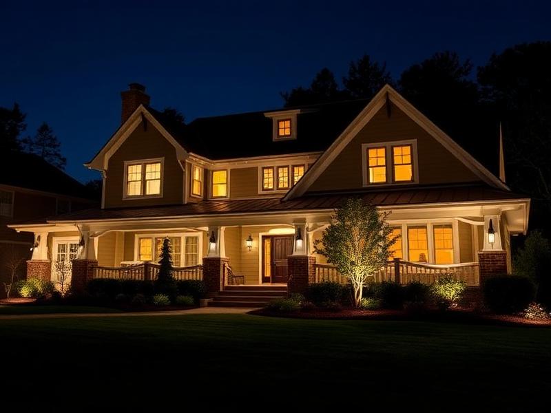 Craftsman home with warm permanent LED accents at night
