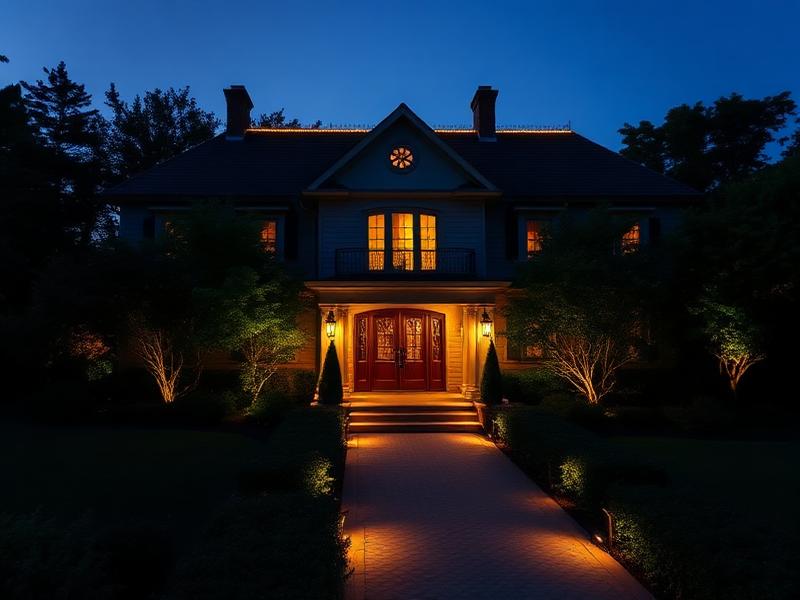 Atherton estate with illuminated walkway and roofline